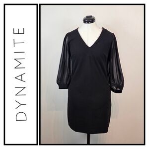 Dynamite Black Mini Dress Sheer Balloon Sleeves V-Neck Size P/S (Small)